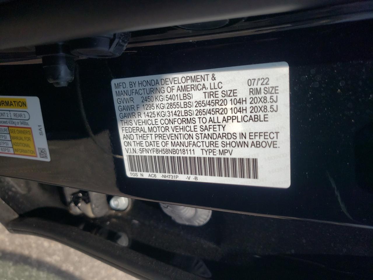 2022 HONDA PASSPORT EXL VIN:5FNYF8H58NB018111