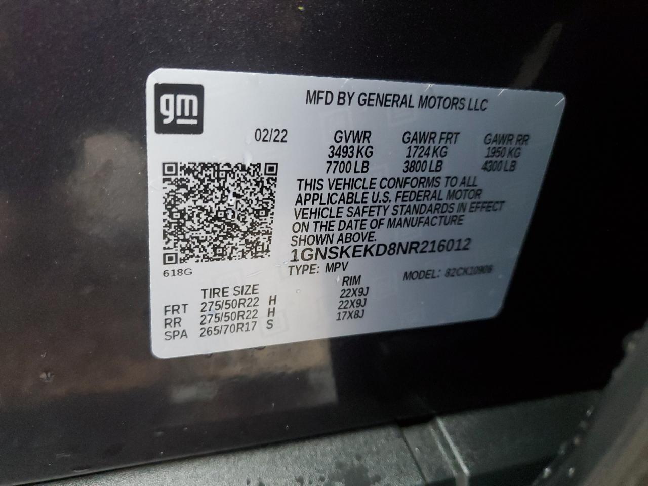 2022 CHEVROLET SUBURBAN K1500 RST VIN:1GNSKEKD8NR216012