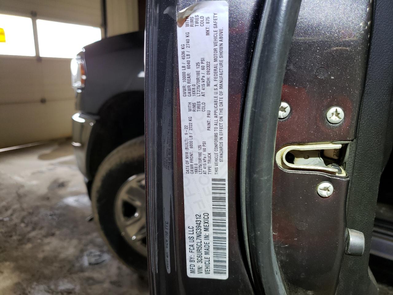 2022 RAM 2500 TRADESMAN VIN:3C6UR5CL7NG394312