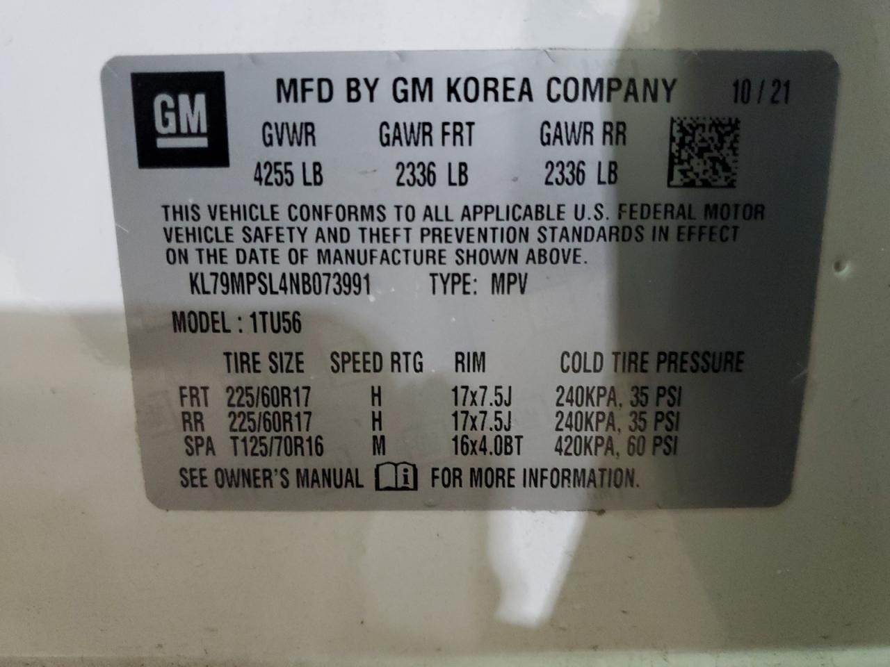 2022 CHEVROLET TRAILBLAZER LT VIN:KL79MPSL4NB073991