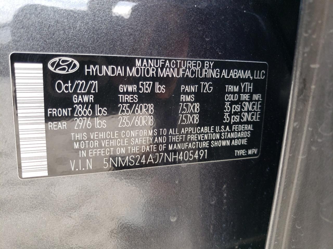 2022 HYUNDAI SANTA FE SEL VIN:5NMS24AJ7NH405491