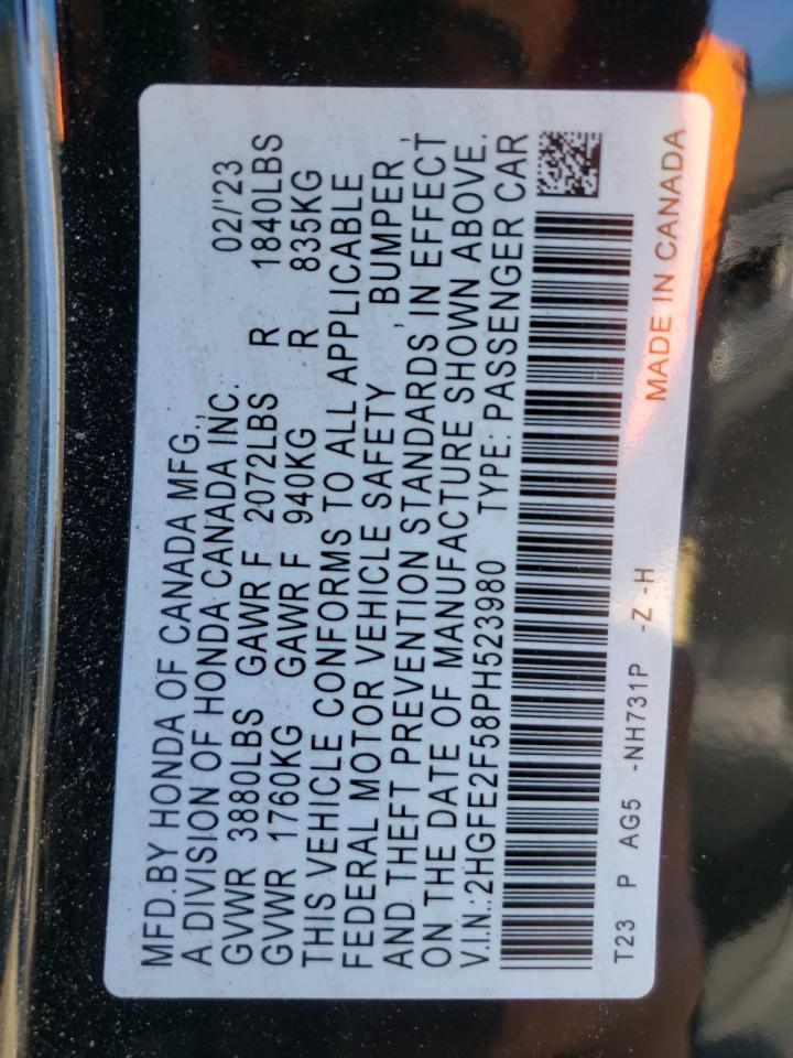 2023 HONDA CIVIC SPORT VIN:2HGFE2F58PH523980