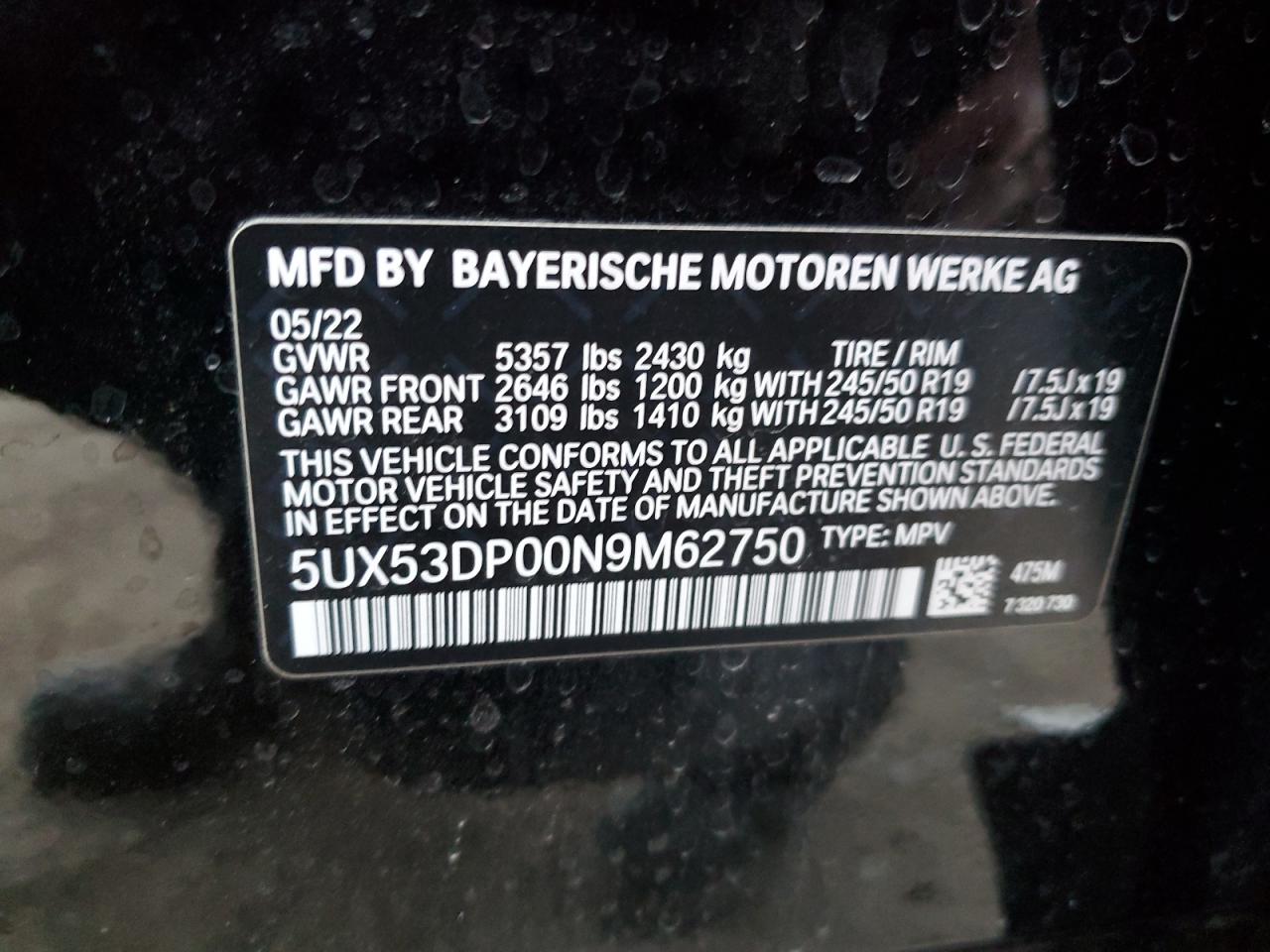 2022 BMW X3 XDRIVE30I VIN:5UX53DP00N9M62750