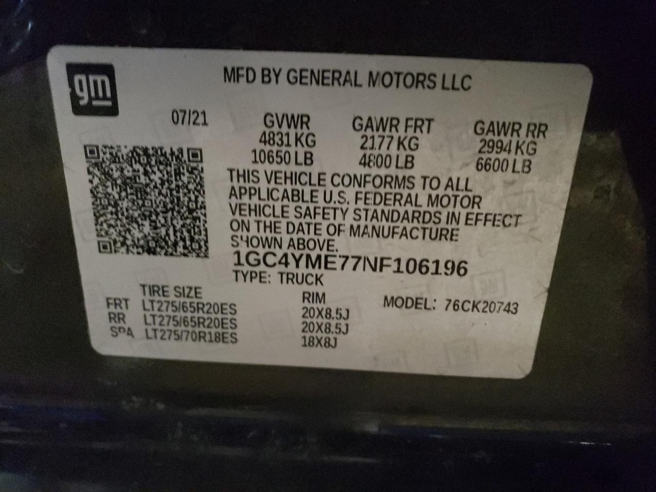 2022 CHEVROLET SILVERADO K2500 CUSTOM VIN:1GC4YME77NF106196