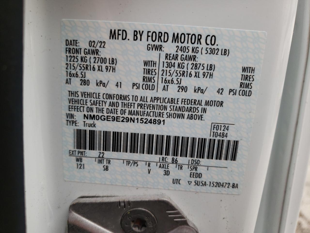 2022 FORD TRANSIT CONNECT XL VIN:NM0GE9E29N1524891