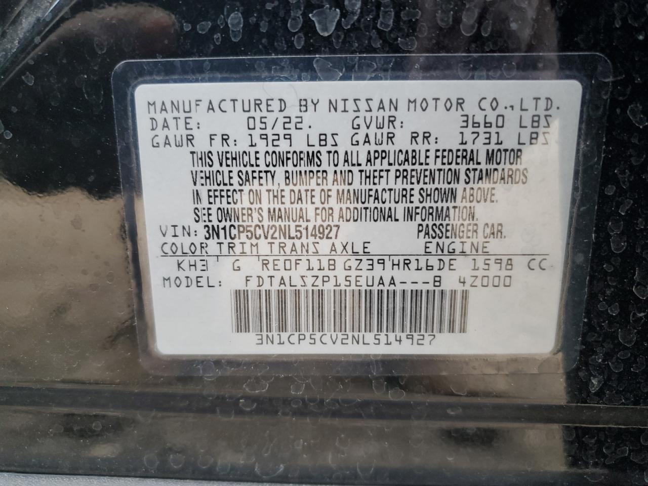 2022 NISSAN KICKS SV VIN:3N1CP5CV2NL514927