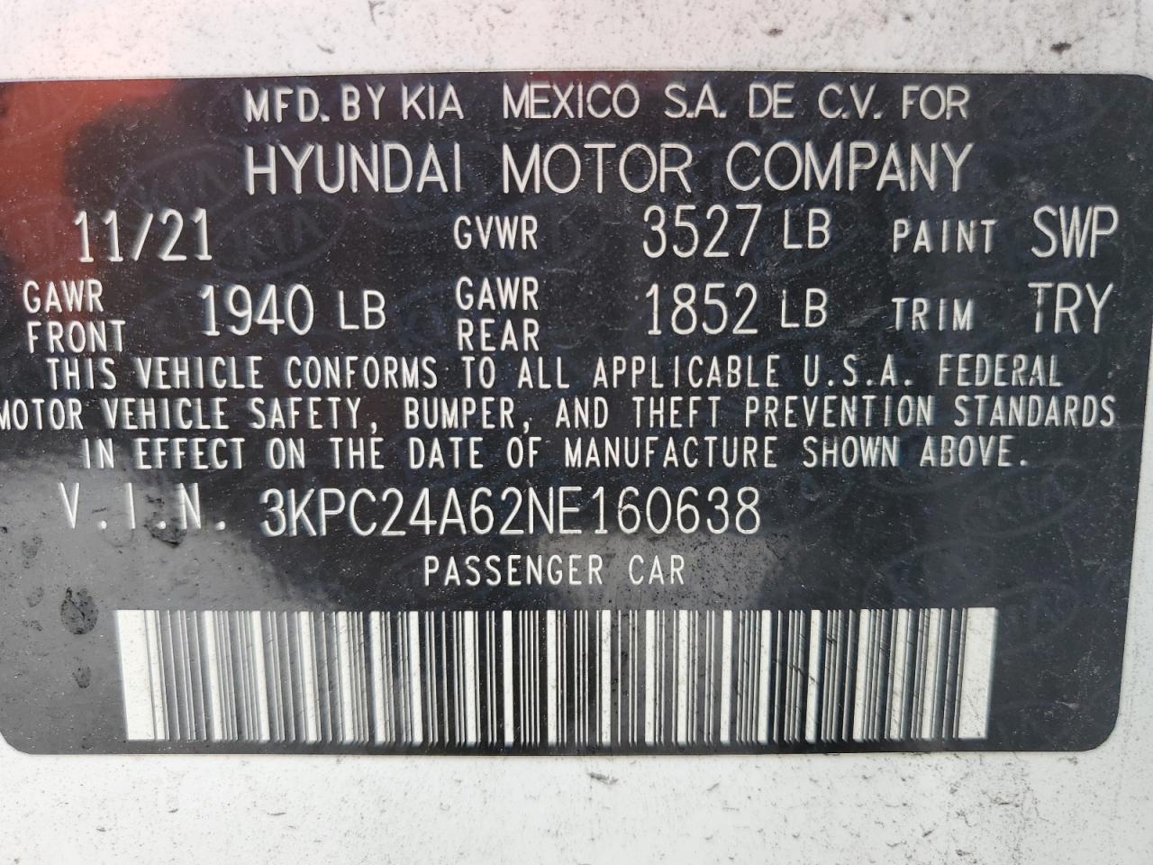 2022 HYUNDAI ACCENT SE VIN:3KPC24A62NE160638