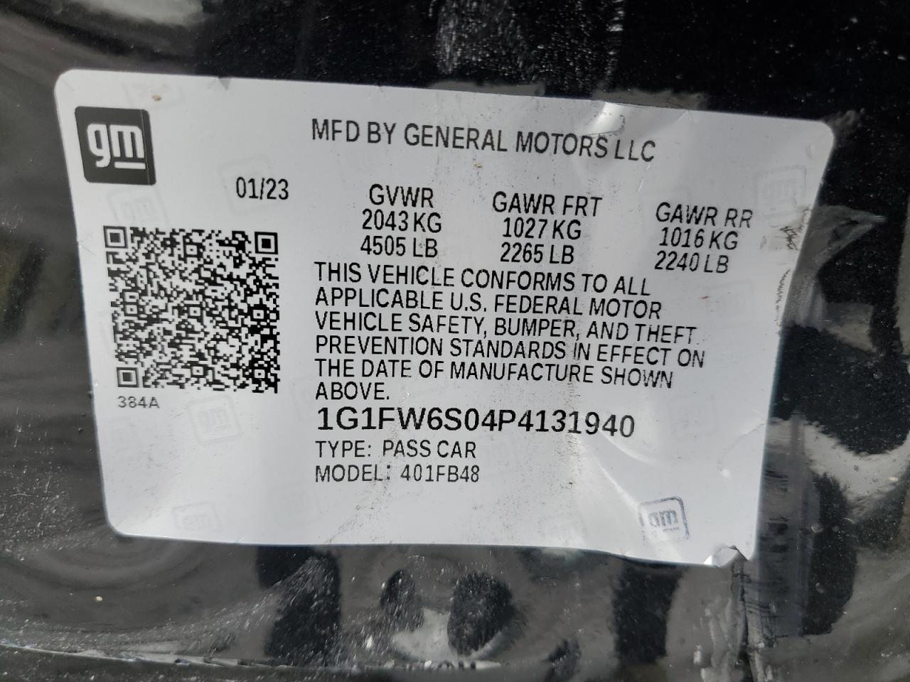 2023 CHEVROLET BOLT EV 1LT VIN:1G1FW6S04P4131940
