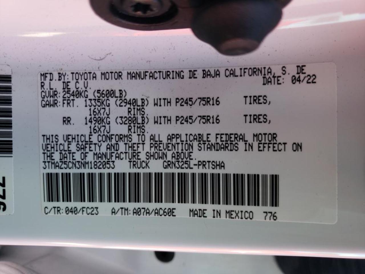 2022 TOYOTA TACOMA DOUBLE CAB VIN:3TMAZ5CN3NM182053