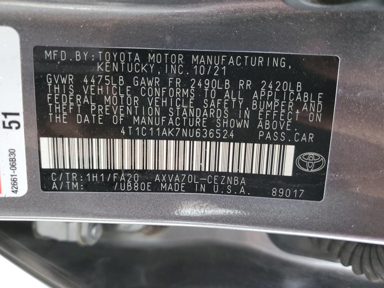 2022 TOYOTA CAMRY LE VIN:4T1C11AK7NU636524