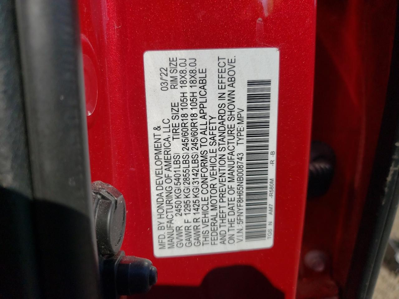 2022 HONDA PASSPORT TRAIL SPORT VIN:5FNYF8H65NB008743