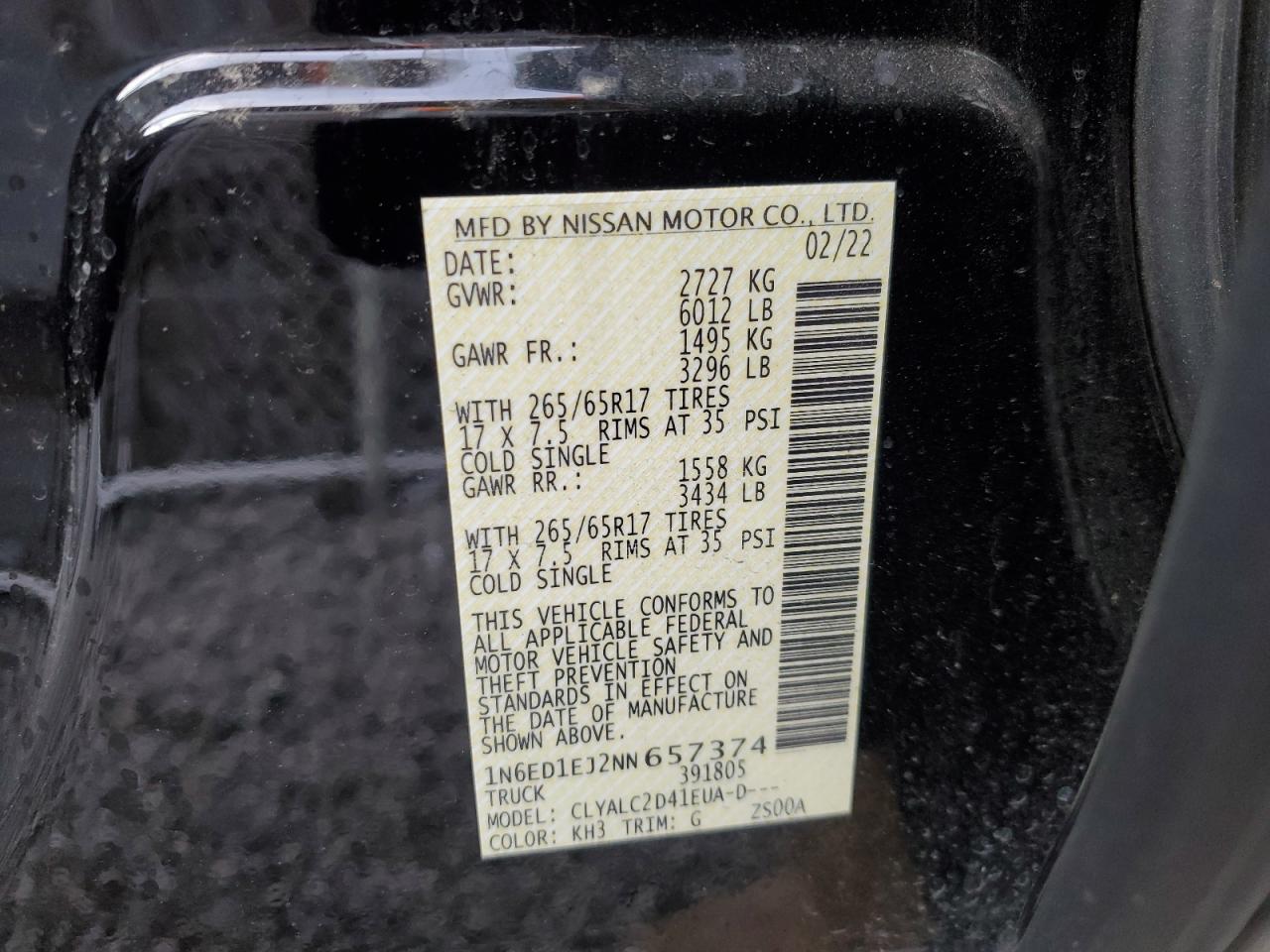 2022 NISSAN FRONTIER S VIN:1N6ED1EJ2NN657374