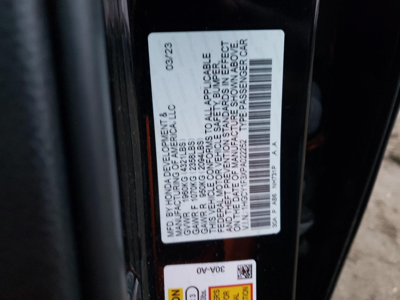 2023 HONDA ACCORD EX VIN:1HGCY1F3XPA022252