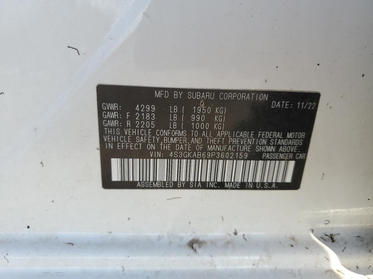 2023 SUBARU IMPREZA  VIN:4S3GKAB69P3602159