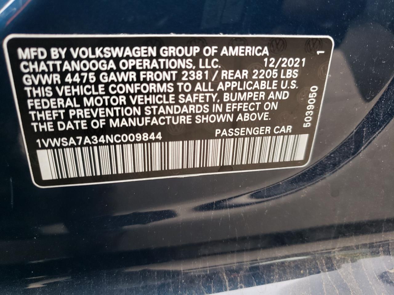 2022 VOLKSWAGEN PASSAT SE VIN:1VWSA7A34NC009844