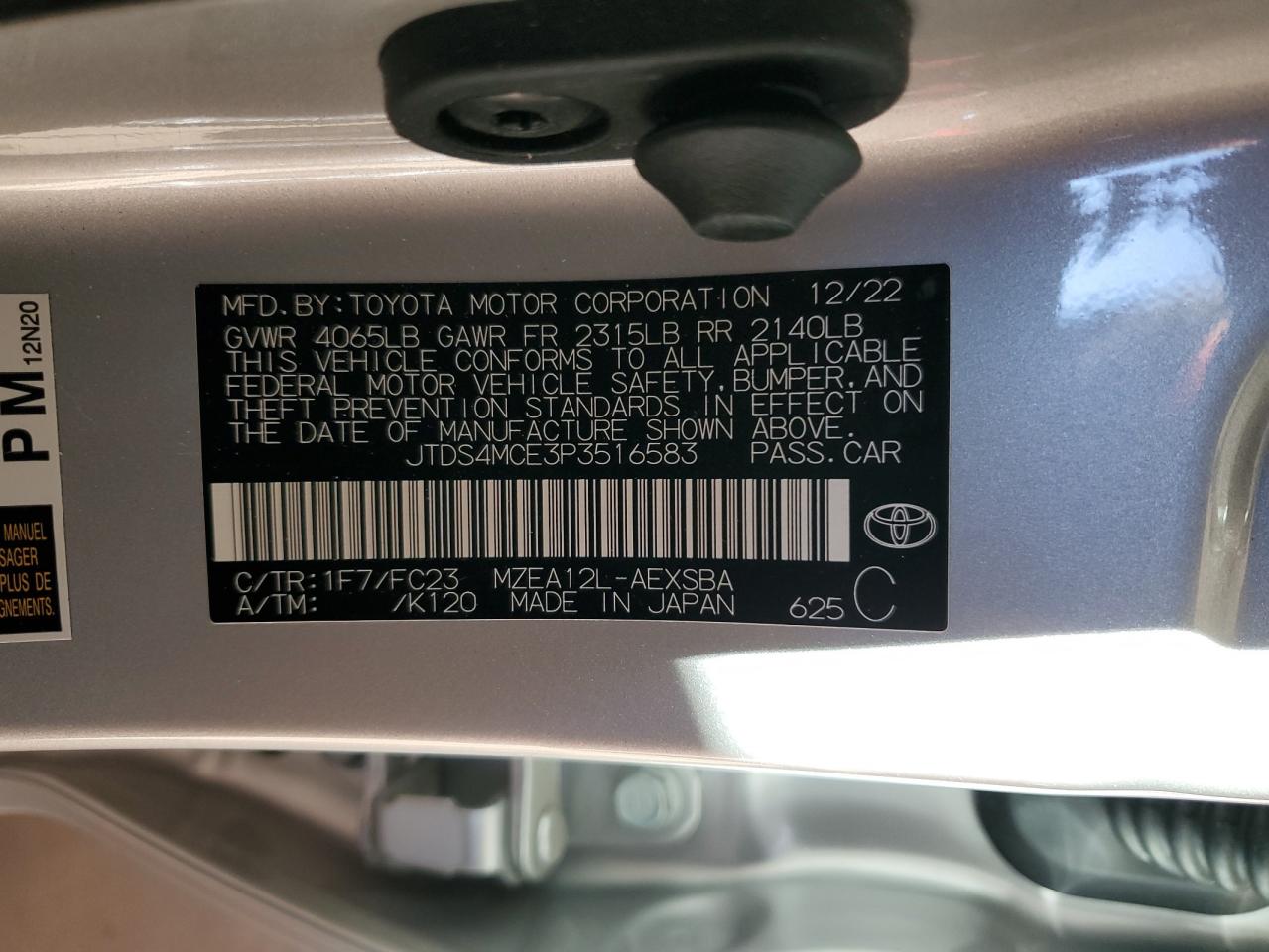 2023 TOYOTA COROLLA SE VIN:JTDS4MCE3P3516583