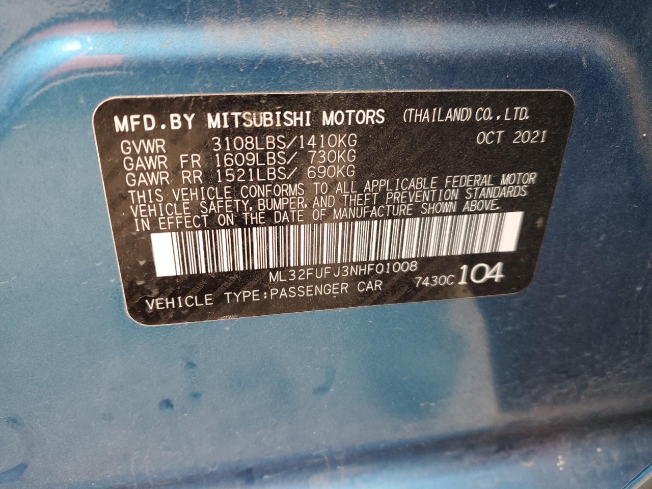 2022 MITSUBISHI MIRAGE G4 ES VIN:ML32FUFJ3NHF01008