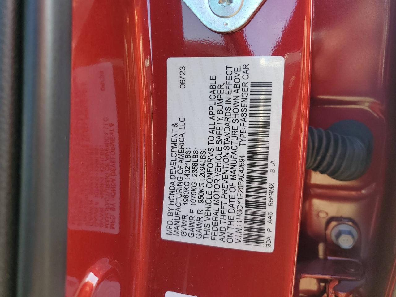 2023 HONDA ACCORD LX VIN:1HGCY1F20PA042694