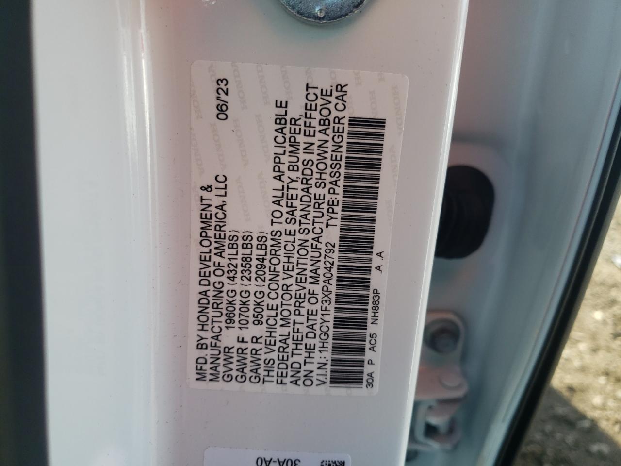 2023 HONDA ACCORD EX VIN:1HGCY1F3XPA042792