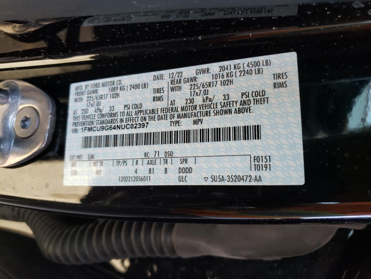 2022 FORD ESCAPE SE VIN:1FMCU9G64NUC02397