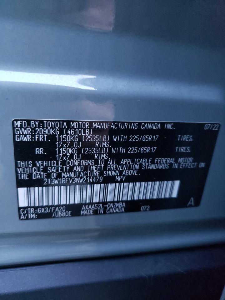 2022 TOYOTA RAV4 XLE VIN:2T3W1RFV3NW214479