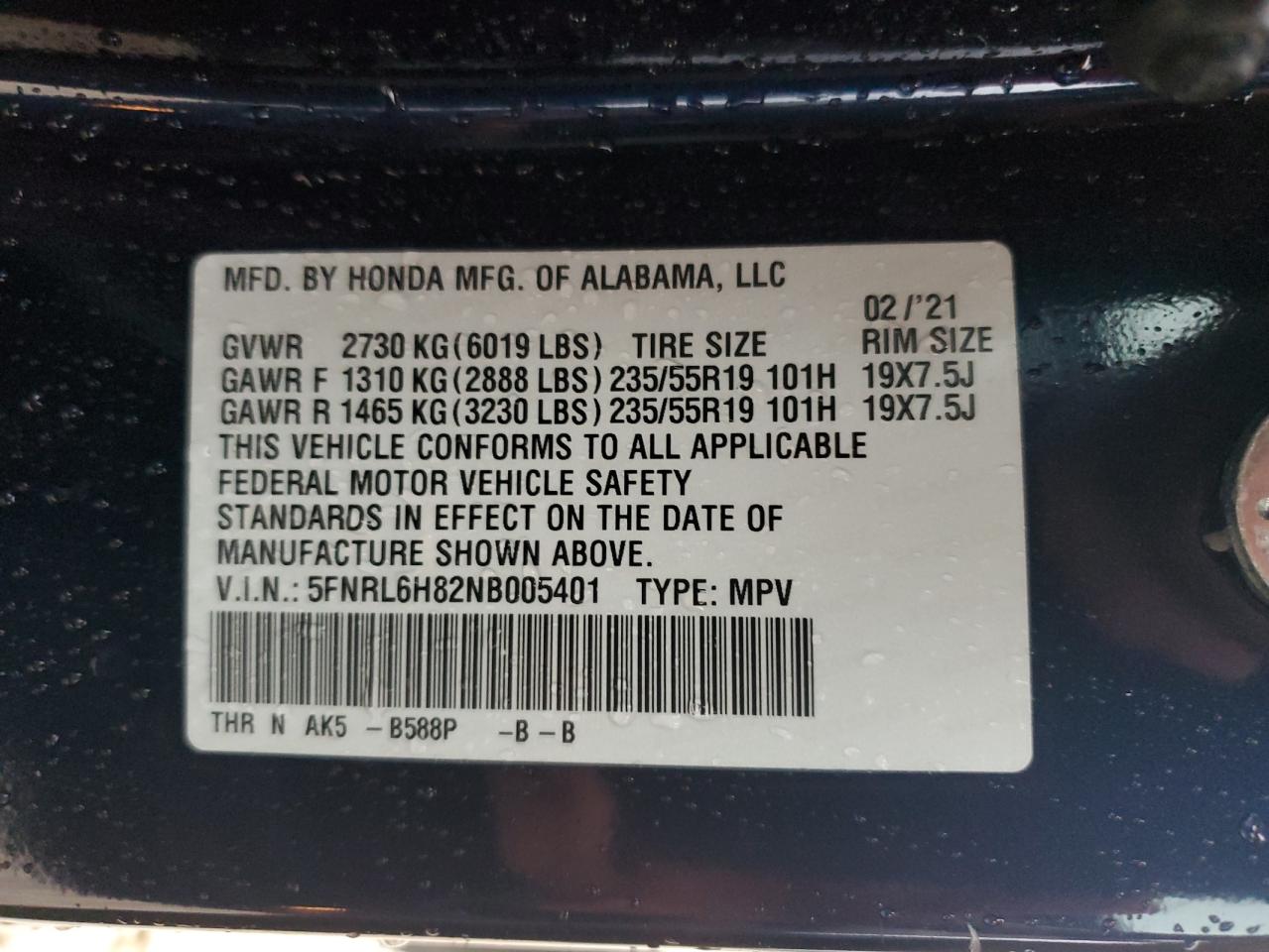2022 HONDA ODYSSEY TOURING VIN:5FNRL6H82NB005401