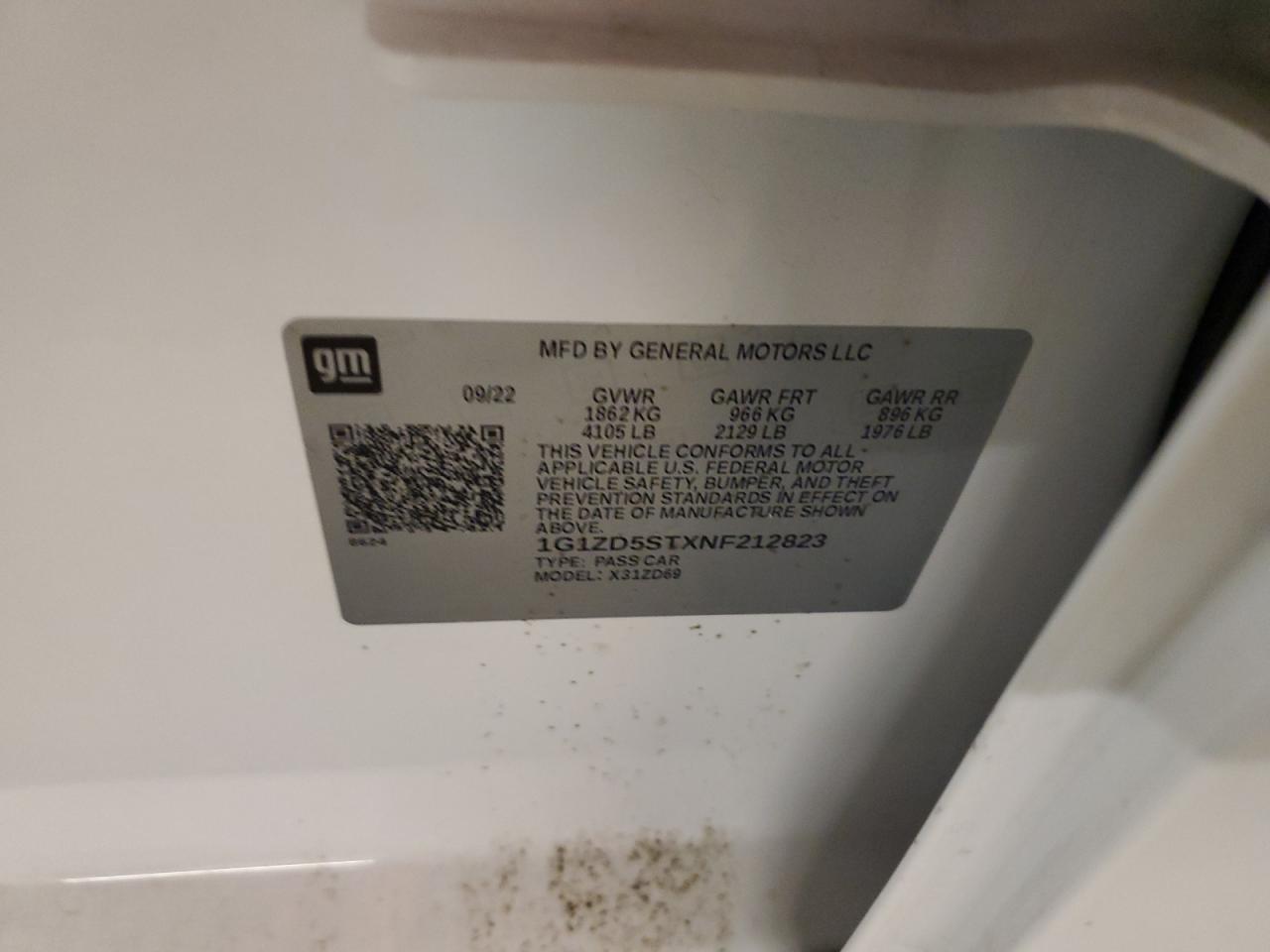 2022 CHEVROLET MALIBU LT VIN:1G1ZD5STXNF212823