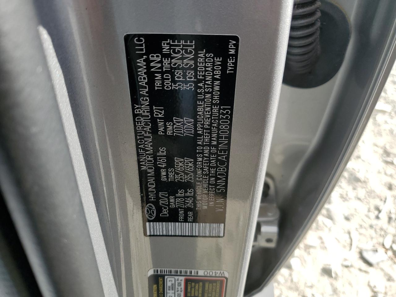2022 HYUNDAI TUCSON SEL VIN:5NMJBCAE1NH080331
