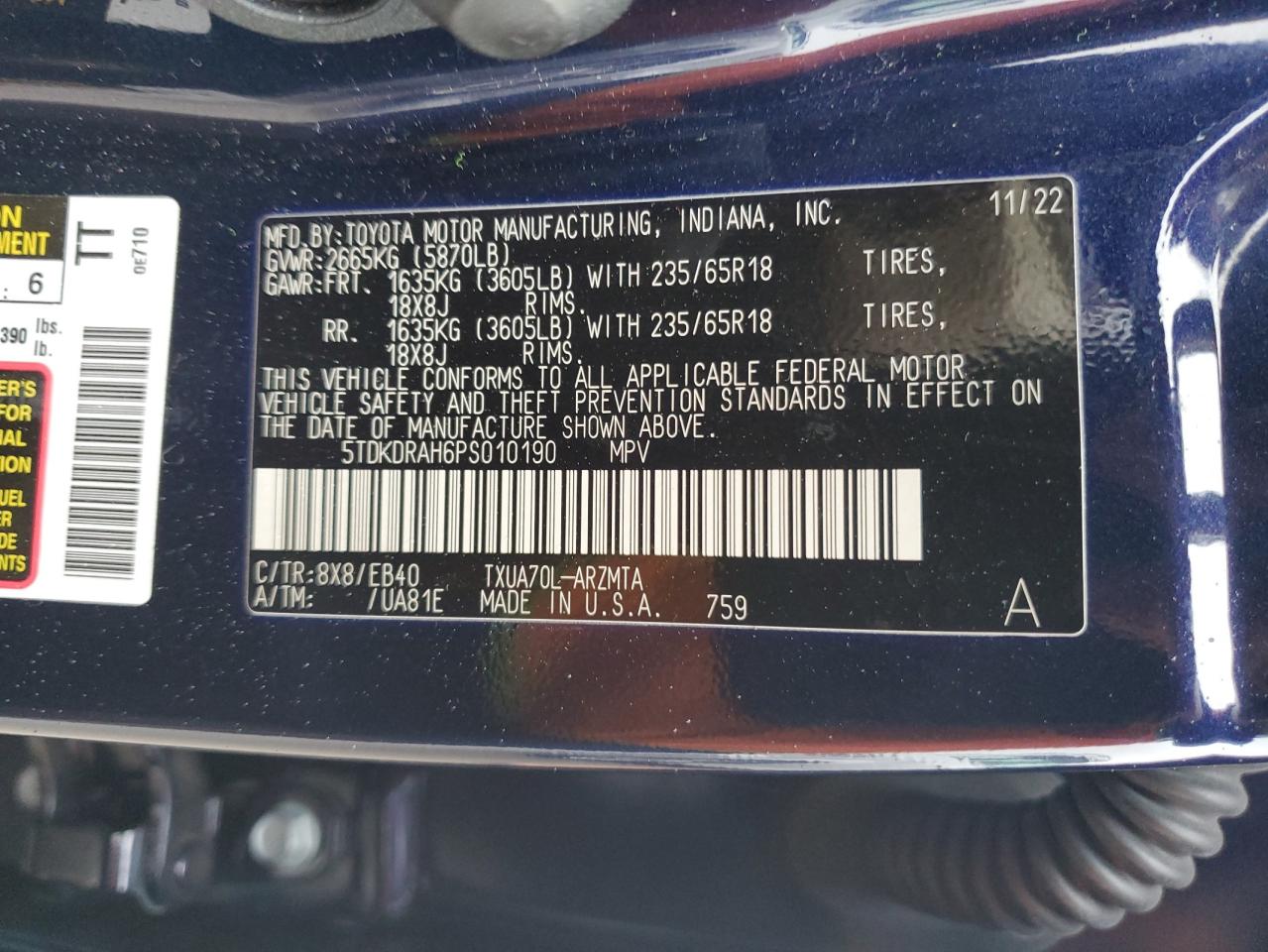 2023 TOYOTA HIGHLANDER L VIN:5TDKDRAH6PS010190