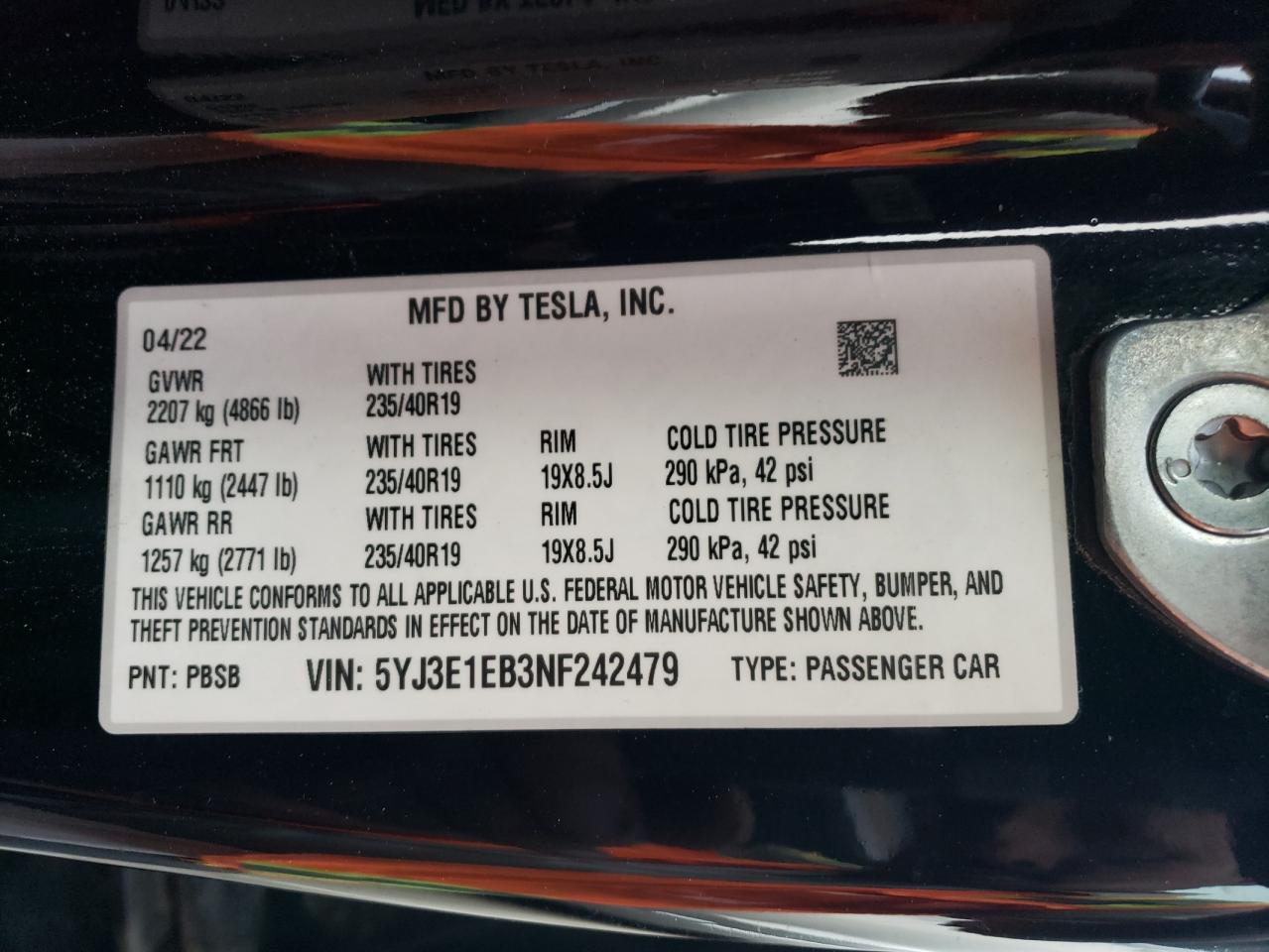 2022 TESLA MODEL 3  VIN:5YJ3E1EB3NF242479