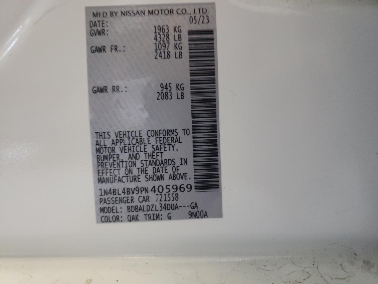 2023 NISSAN ALTIMA S VIN:1N4BL4BV9PN405969