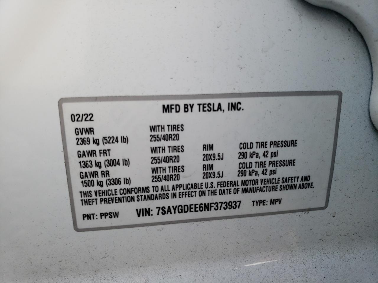 2022 TESLA MODEL Y  VIN:7SAYGDEE6NF373937