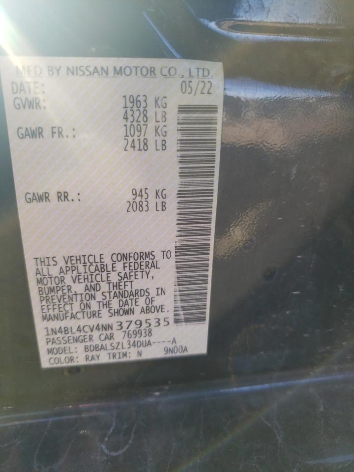 2022 NISSAN ALTIMA SR VIN:1N4BL4CV4NN379535