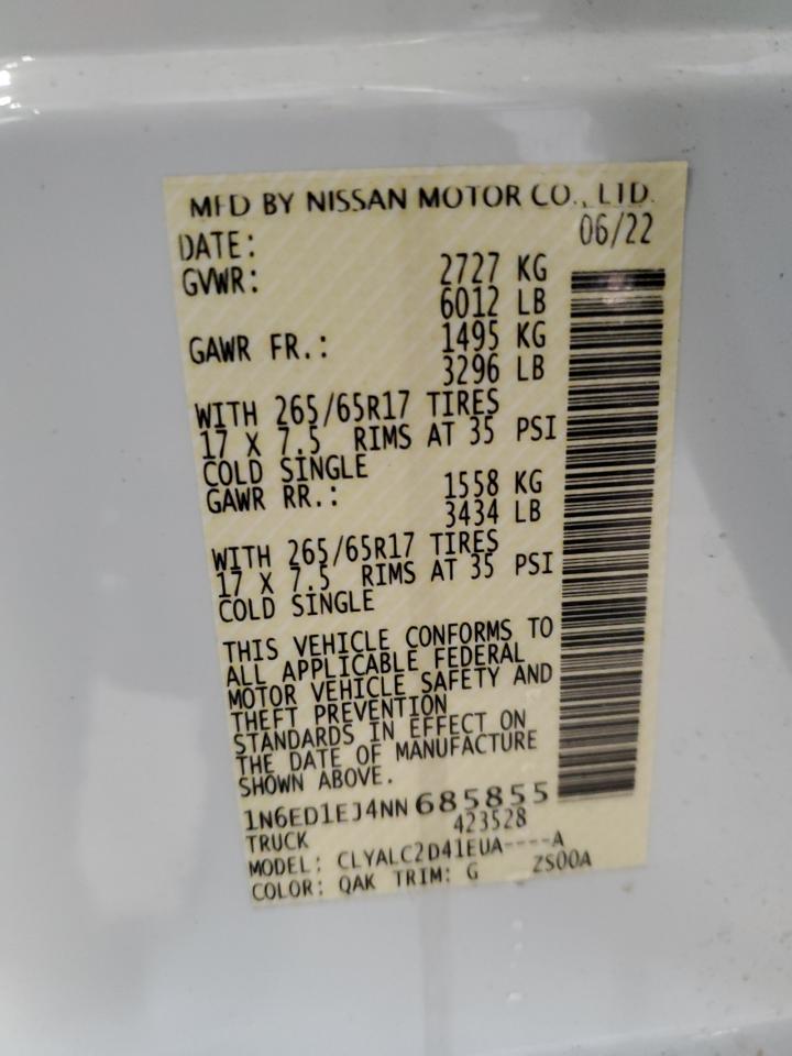 2022 NISSAN FRONTIER S VIN:1N6ED1EJ4NN685855