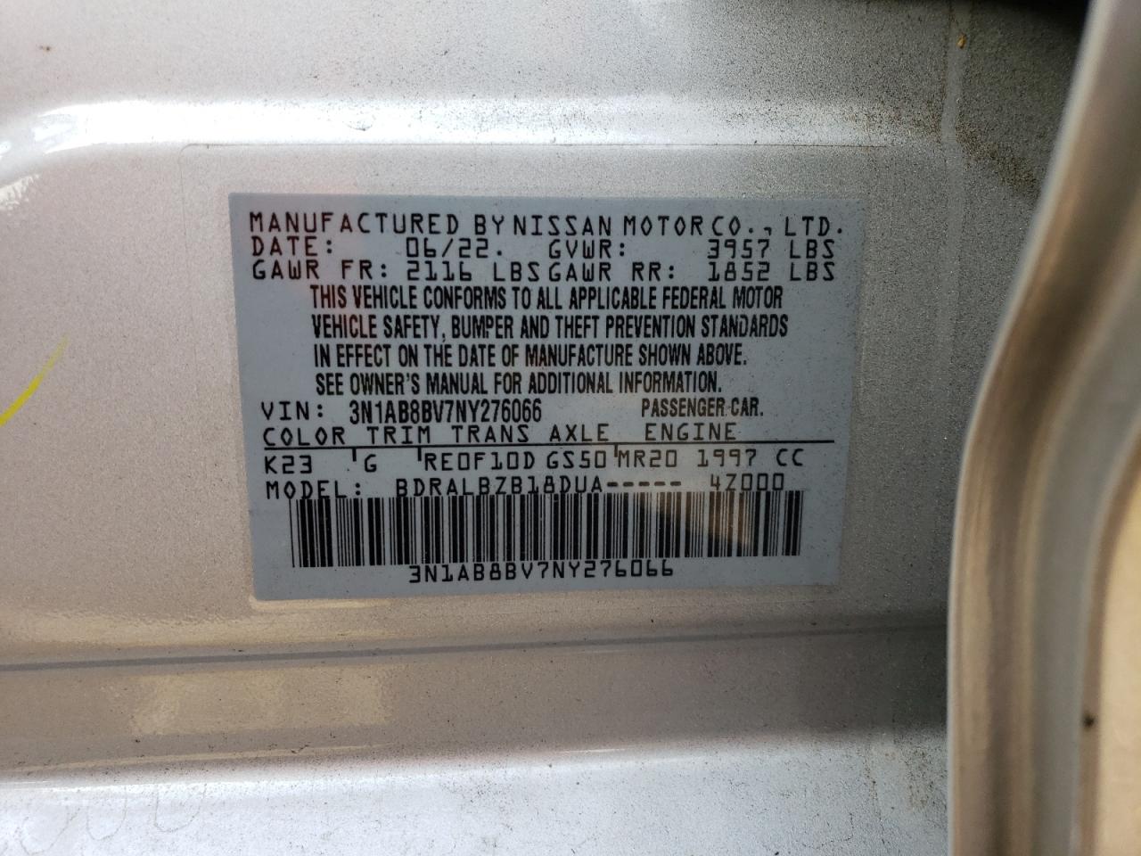 2022 NISSAN SENTRA S VIN:3N1AB8BV7NY276066