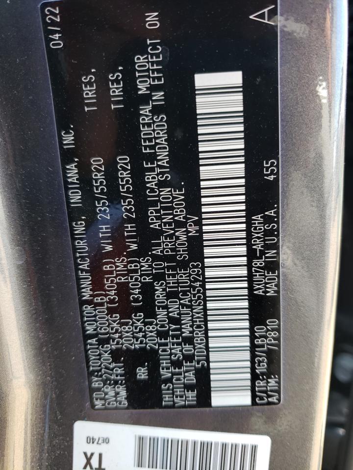 2022 TOYOTA HIGHLANDER HYBRID LIMITED VIN:5TDXBRCHXNS554293