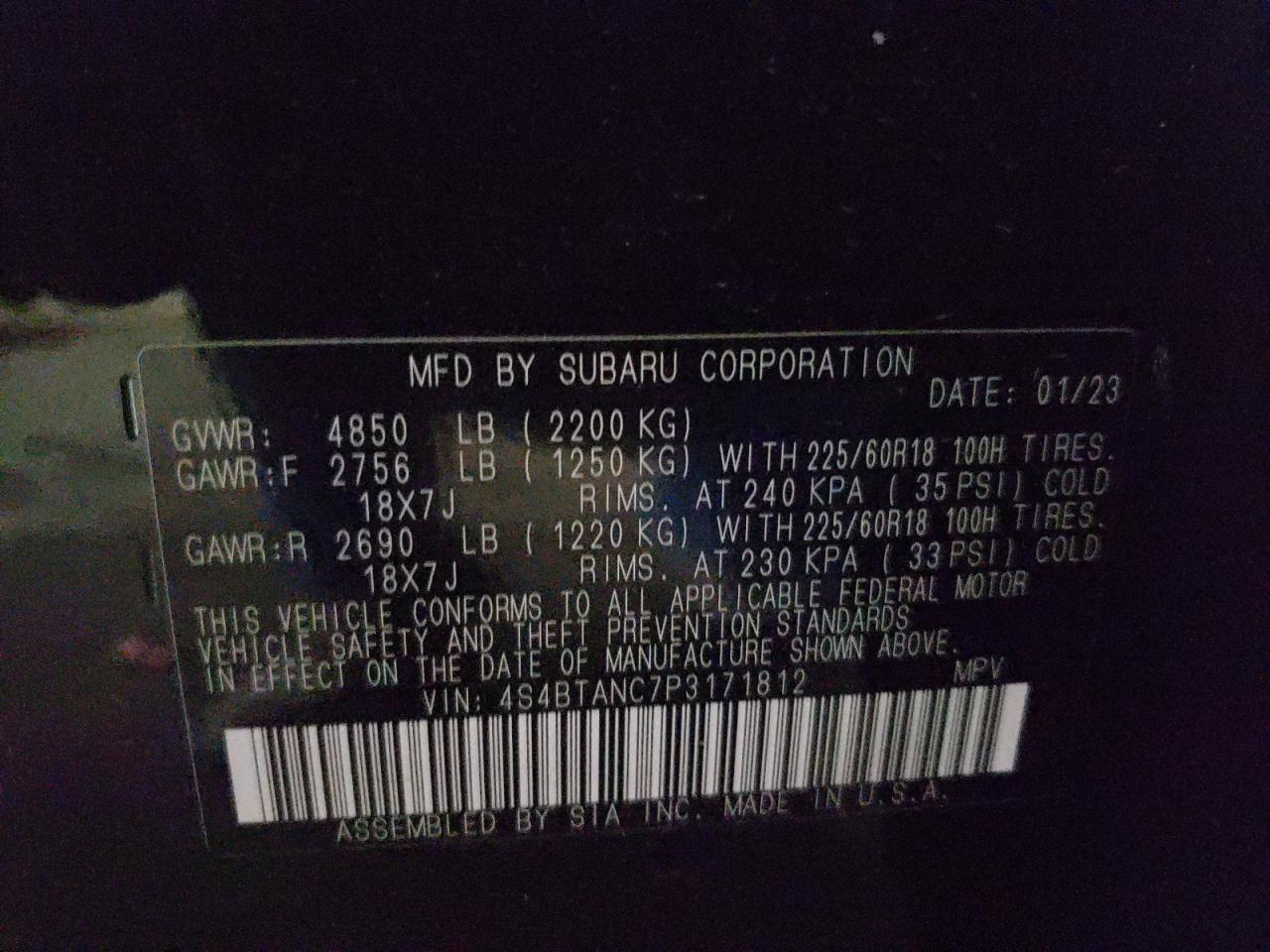 2023 SUBARU OUTBACK LIMITED VIN:4S4BTANC7P3171812