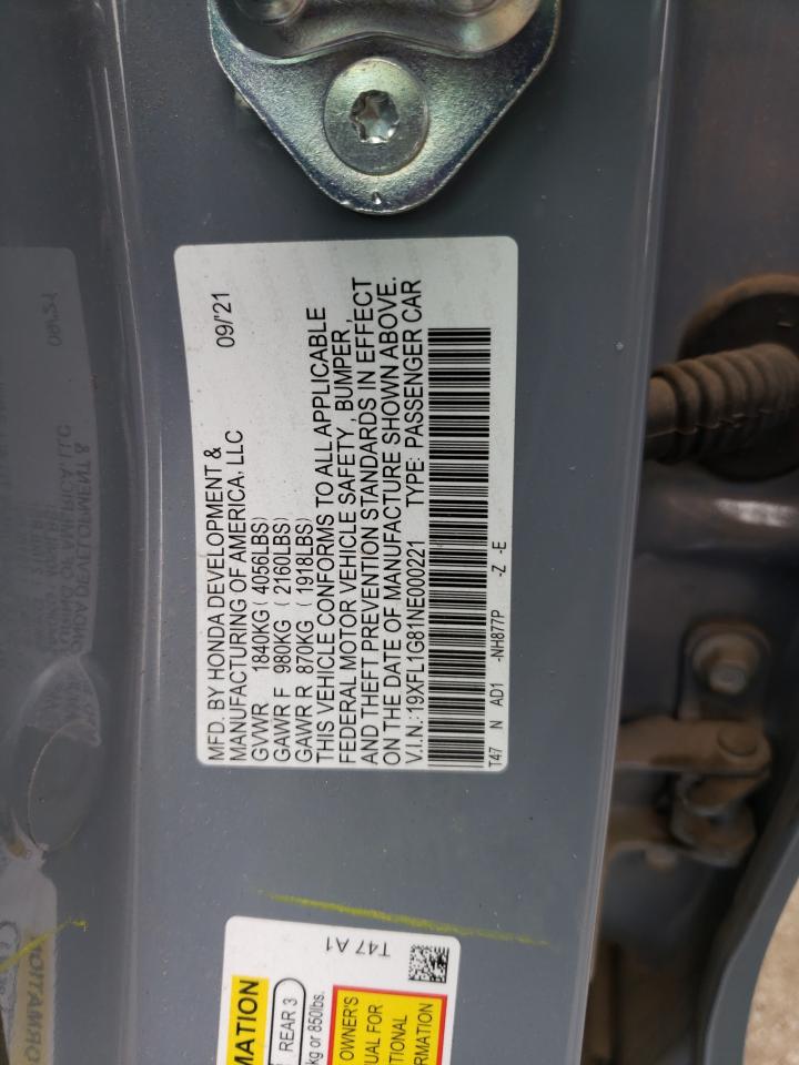 2022 HONDA CIVIC SPORT TOURING VIN:19XFL1G81NE000221