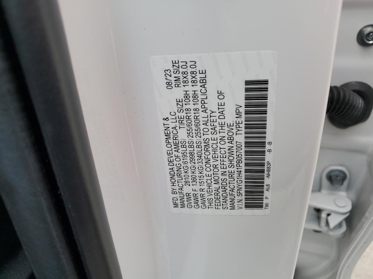 2023 HONDA PILOT EXL VIN:5FNYG1H41PB057007