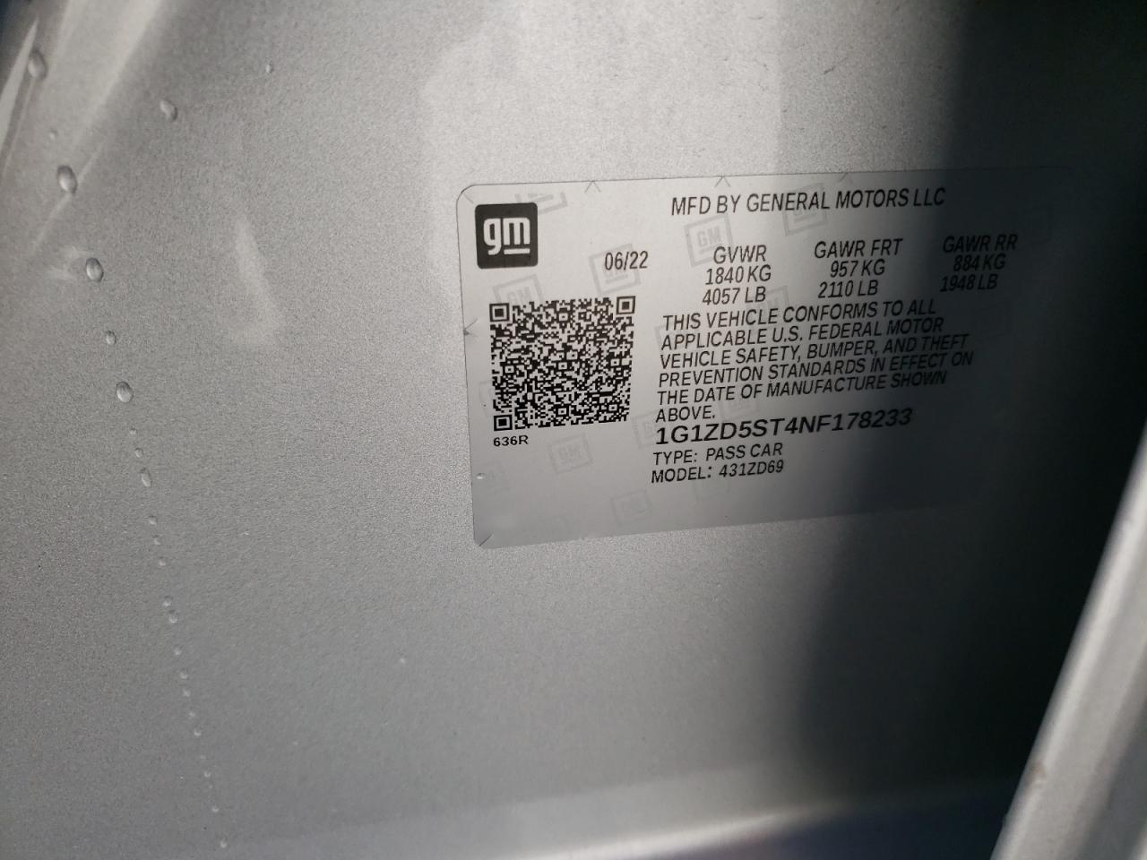 2022 CHEVROLET MALIBU LT VIN:1G1ZD5ST4NF178233