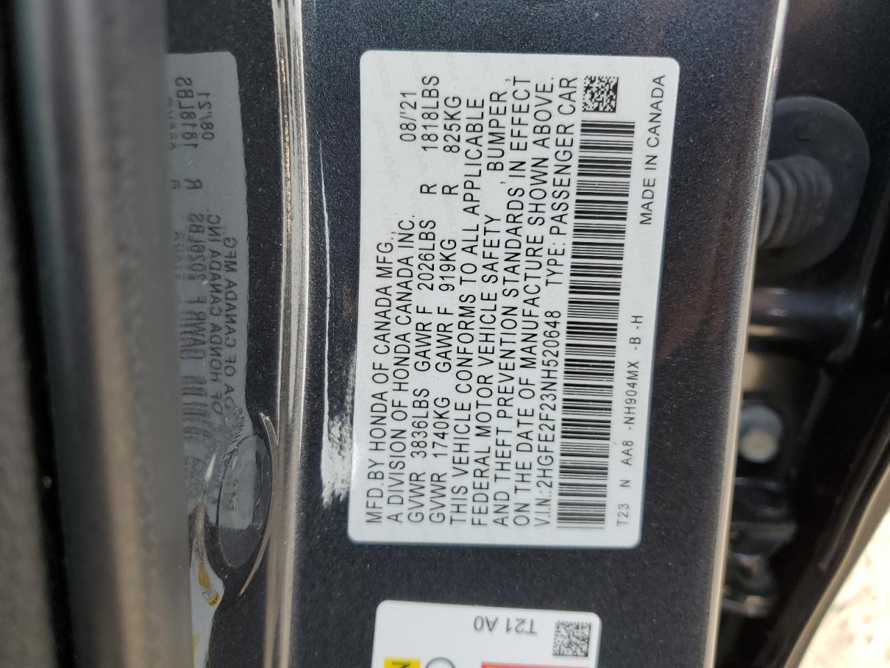2022 HONDA CIVIC LX VIN:2HGFE2F23NH520648