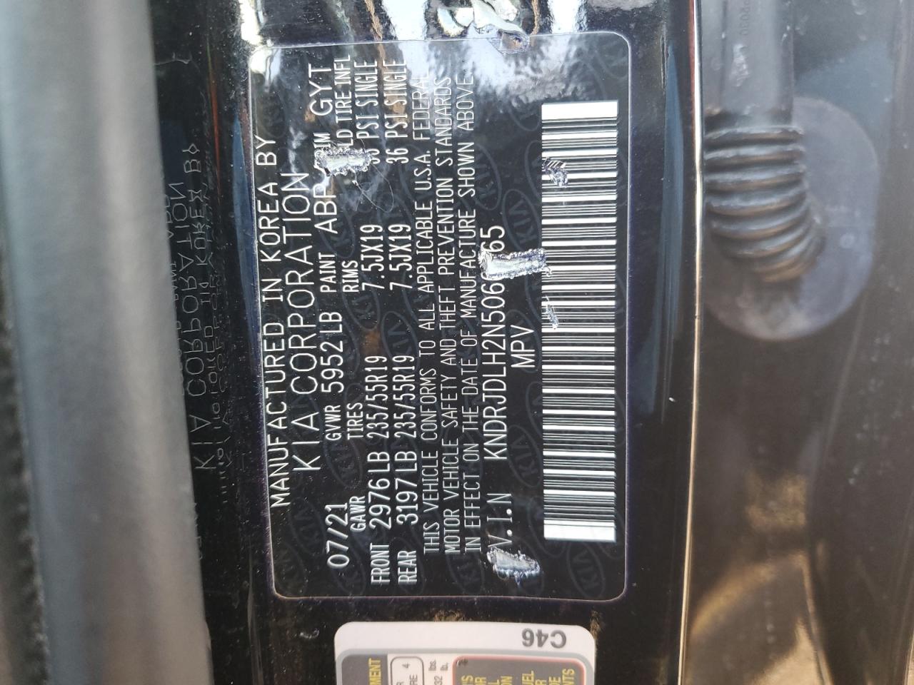 2022 KIA SORENTO SX VIN:KNDRJDLH2N5066265