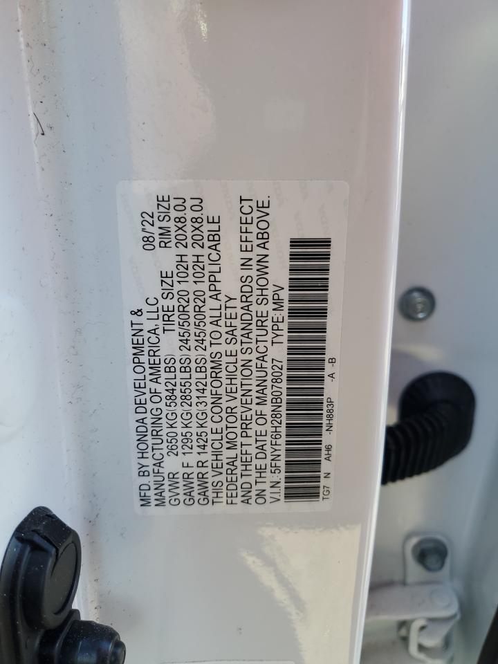 2022 HONDA PILOT SE VIN:5FNYF6H28NB078027