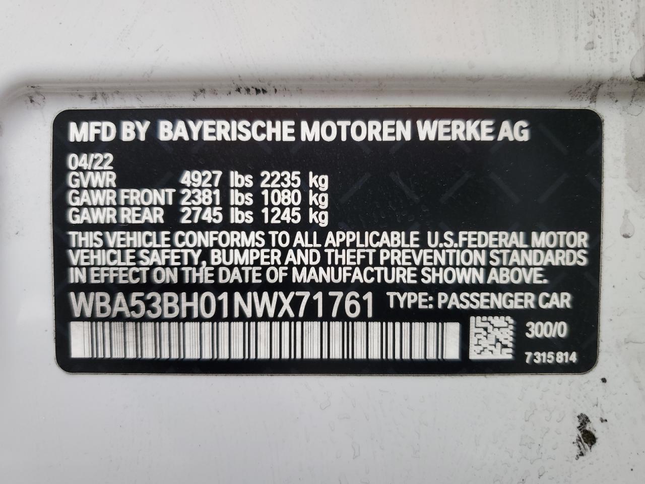 2022 BMW 530 I VIN:WBA53BH01NWX71761