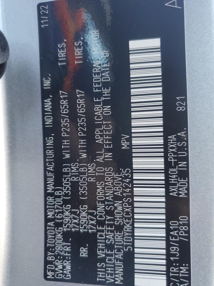 2023 TOYOTA SIENNA XLE VIN:5TDYRKECXPS142435