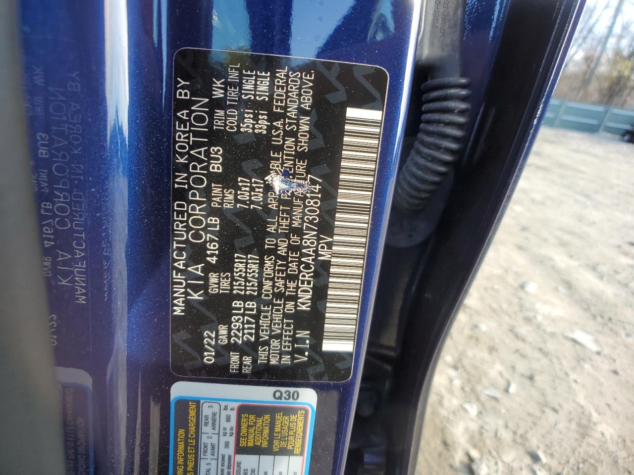 2022 KIA SELTOS EX VIN:KNDERCAA8N7308147