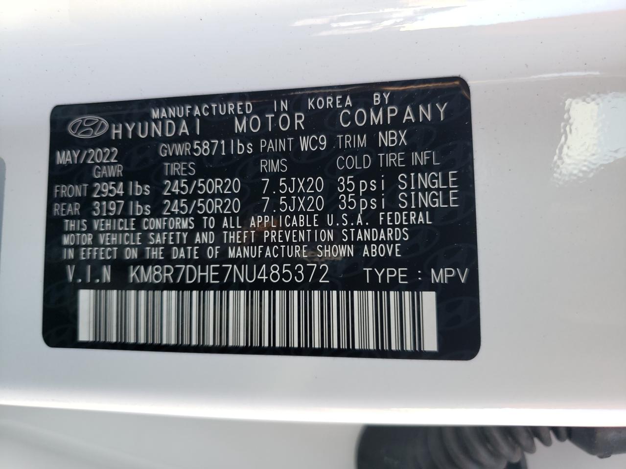 2022 HYUNDAI PALISADE CALLIGRAPHY VIN:KM8R7DHE7NU485372