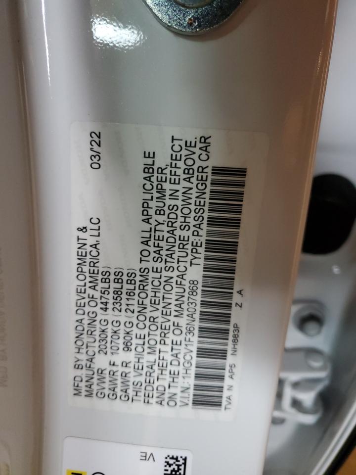 2022 HONDA ACCORD SPORT VIN:1HGCV1F36NA037868