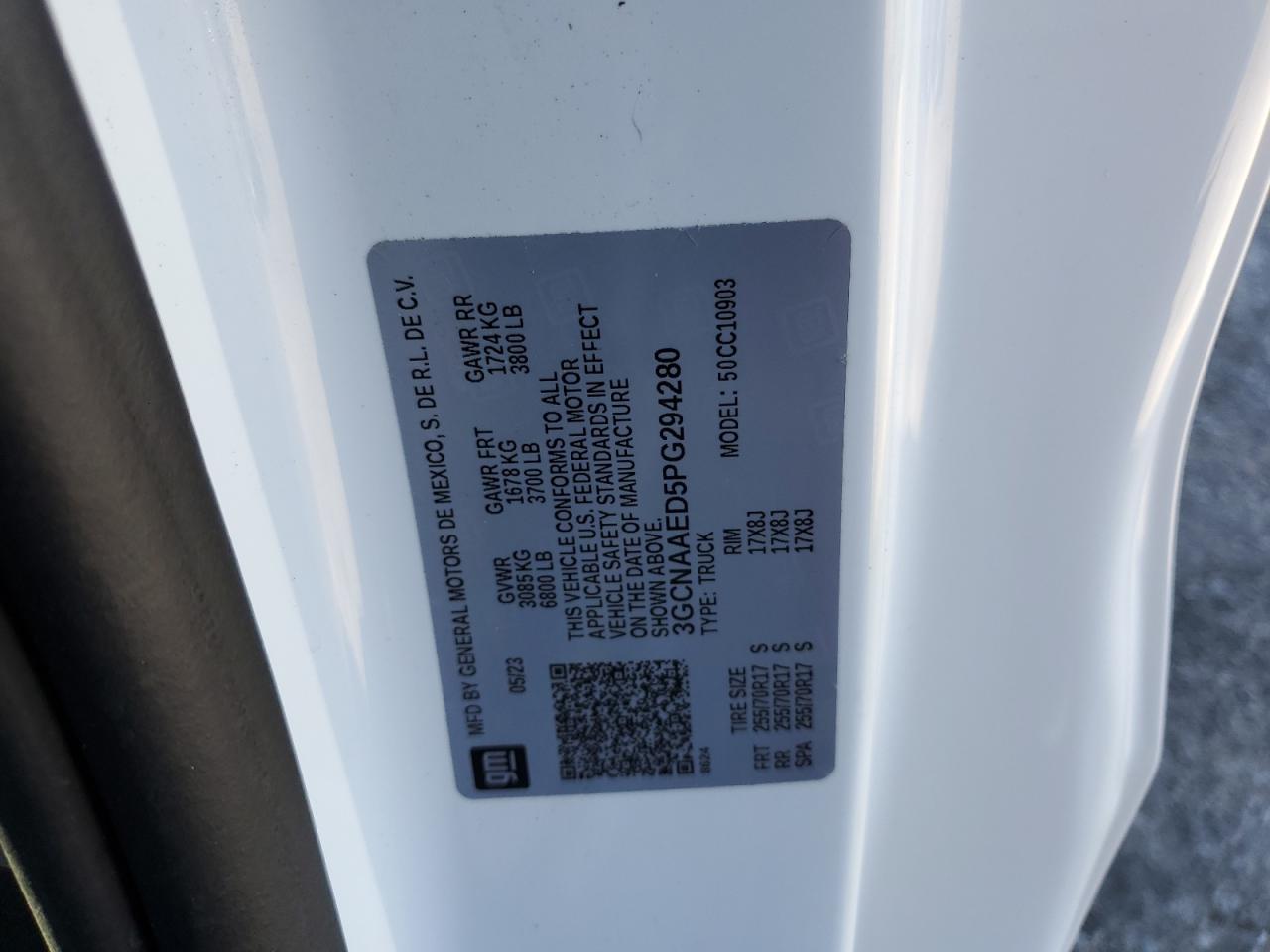 2023 CHEVROLET SILVERADO C1500 VIN:3GCNAAED5PG294280