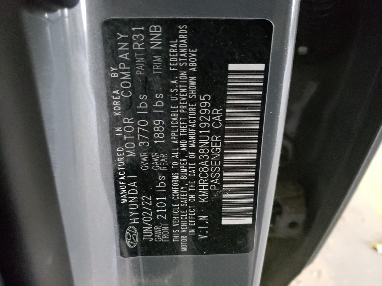2022 HYUNDAI VENUE SEL VIN:KMHRC8A38NU192995